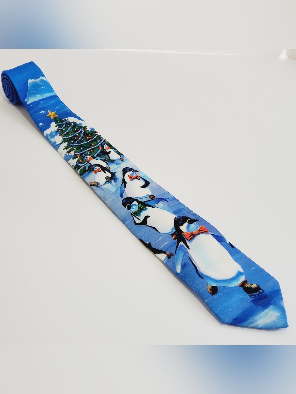Ralph Marlin Blue Christmas Penguins Pattern Men's Neck Tie 55x3"